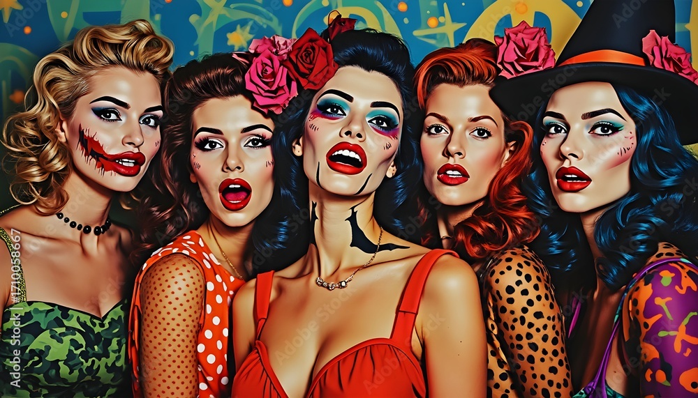 Fototapeta premium Group of five women dressed in colorful costumes celebrating a fun themed party during Halloween night in a vibrant setting Generative AI