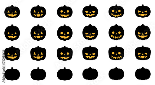 ハロウィンのかわいいかぼちゃイラストシルエットアイコン黒