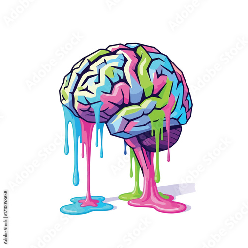 Colorful illustration of a human brain with dripping paint, representing creativity and thought processes.