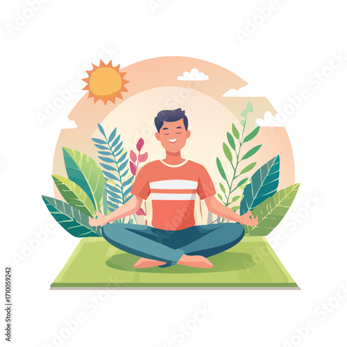 Man meditating in lotus position outdoors surrounded by plants and nature.