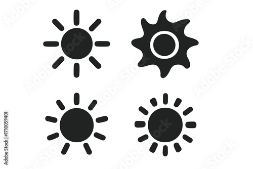 Stylized sun illustrations in black silhouette against a white background showcase various sun designs