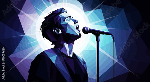 Stylized low-polygon artwork of a vocalist passionately singing under a bright spotlight on a dark stage.