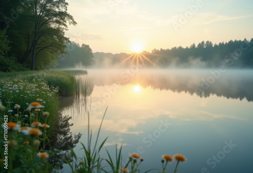 Dreamy Mist Over Tranquil Lake Serene Reflection Morning Light Nature Bliss Calm Waters
