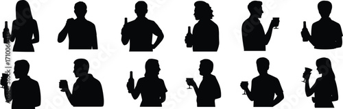 Drinkware gesture silhouette illustrations, beverage interaction icons, black and white clipart, lifestyle poses, social bundle set, vector pack