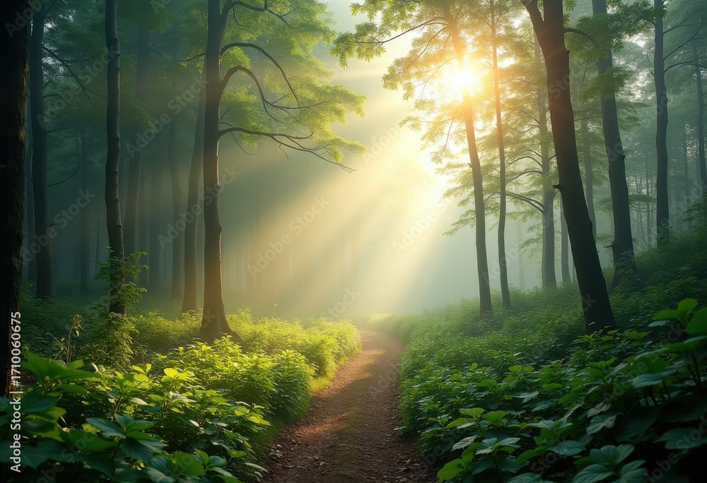 Fototapeta premium Enchanting Evergreen Forest Misty Morning Ambiance Nature Scene Tranquil Wilderness Lush Foliage Foggy Serenity