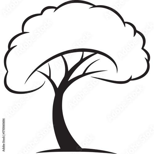 Minimalist black tree with broad canopy isolated on white background