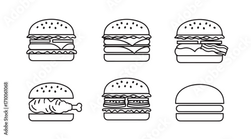 Six distinct hamburger silhouettes featuring various toppings and styles