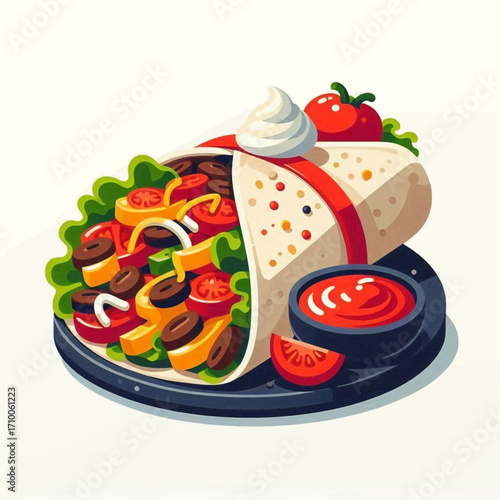 Cartoonstyle burrito with tomatoes olives onion lettuce on a black plate with tomato dip