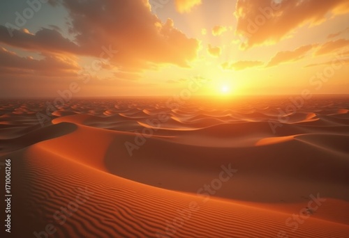 Expansive Desert Landscape Golden Hour Breathtaking Sand Dunes Nature Scene Vibrant Sky Warm Glow Serenity