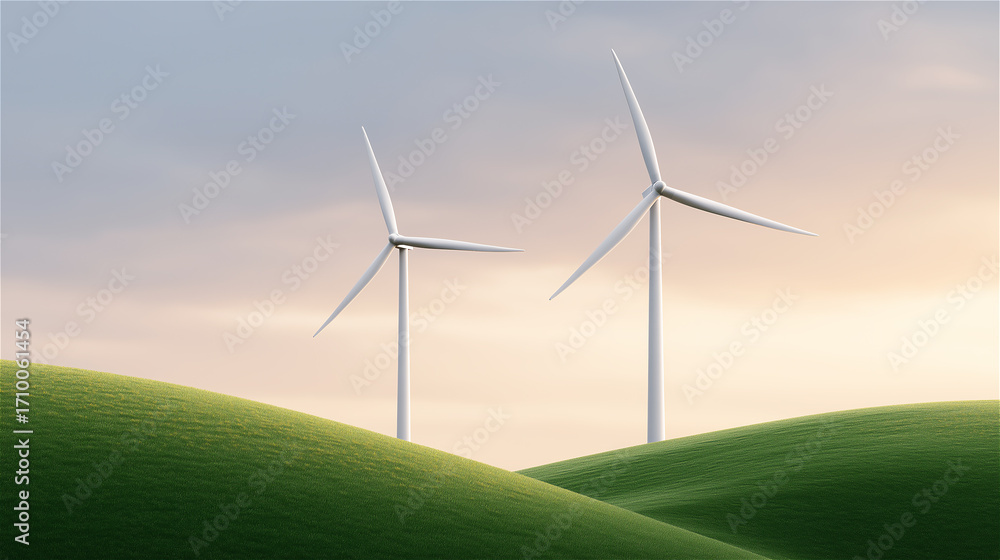 Fototapeta premium Wind turbines on green hills at sunset, symbolizing renewable energy, environment, sustainability and clean technology in natural landscape.