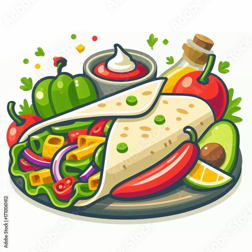 Cartoonish platter showcases a vibrant partiallywrapped tortilla with various colorful toppings