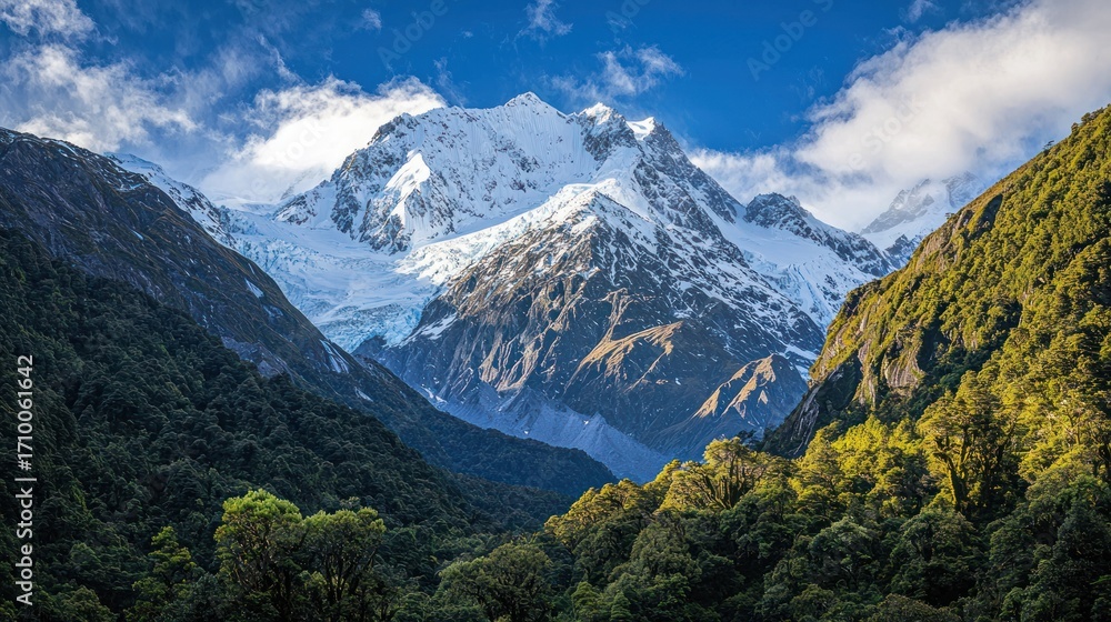 Obraz premium Majestic snow-capped mountain peak rising above lush green valley.