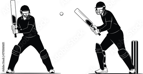 Two cricketers in action preparing to hit a cricket ball