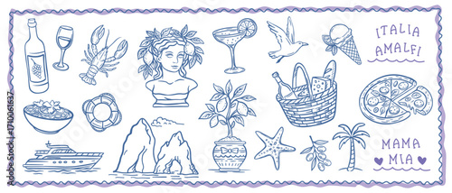 Amalfi coast vacation set with seafood, Italian food, lobster, yacht, seagull, yacht, lemons. Coastal summer lifestyle reflecting the spirit of travel in Italy. Vector illustration  hand drawn pencil