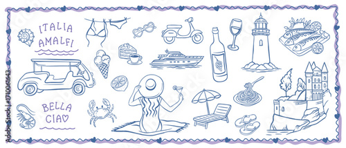 Amalfi coast vacation set with seafood, Italian food, lobster, yacht, seagull, yacht, lemons. Coastal summer lifestyle reflecting the spirit of travel in Italy. Vector illustration in hand drawn