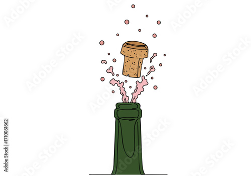 Celebrate with popping champagne bottle! This playful illustration features a cork launching upwards conveying a festive 'Pop the Party' vibe Modern graphic style