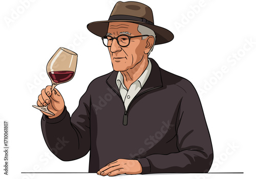An elderly man in a hat swirls a glass of red wine, demonstrating a wine tasting technique.  A classic, sophisticated image.