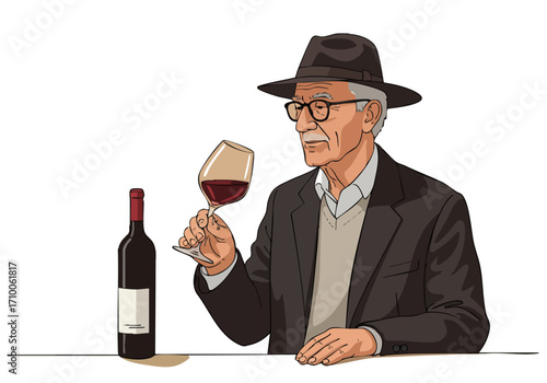An elderly man in a hat swirls a glass of red wine, embodying a sophisticated wine tasting experience.  Classic, detailed illustration.