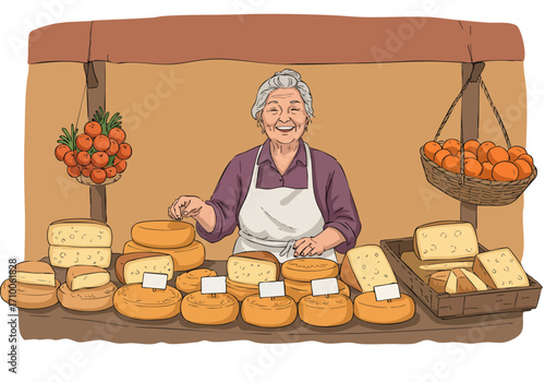 elderly cheese vendor displays her wares at a market stall Warm colors rustic charm and a welcoming atmosphere create a delightful scene Perfect for food market or lifestyle imagery