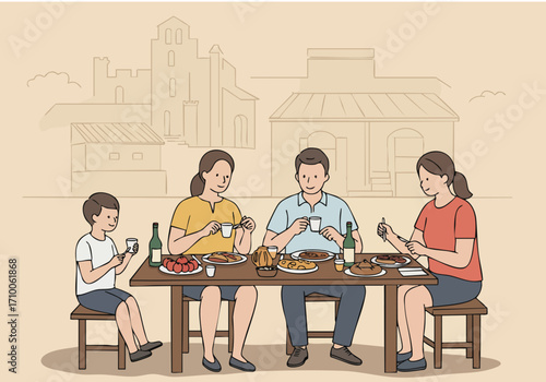 A family shares a meal together outdoors, enjoying a relaxed moment.  They are engaged with their phones, creating a modern family scene.  Warm colors and a simple composition.