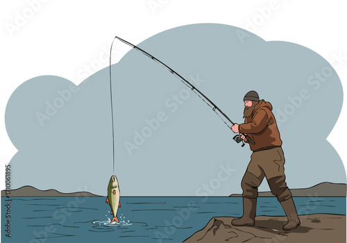 A fisherman casts his line, aiming for a leaping fish. A serene lakeside scene captures a moment of quiet angling.  Classic, detailed illustration.