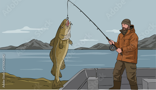 A fisherman reels in a large cod, showcasing a successful catch. The man in a winter jacket stands on a boat against a scenic lake backdrop. "REEL THE PRIZE"