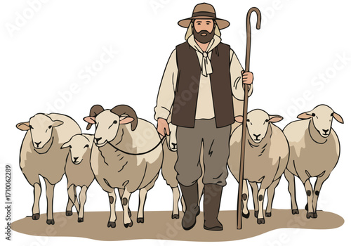 A shepherd guides his flock across a plain.  A rustic, symbolic image conveying leadership and direction.  Clear composition, warm tones.