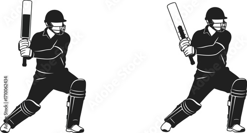 Two cricket players in batting stances a black and white illustration