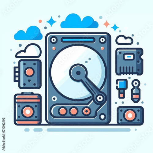 Cartoonstyle graphic with a central computer hard drive surrounded by various computer components and stylized clouds
