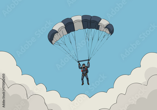 A skydiver floats with an open parachute, descending from a plane against a cloudy sky. ?Jump the Journey? text overlay. Dynamic, action-packed illustration.