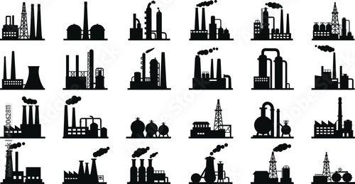 Industrial facility icons, energy plant silhouettes, refinery vector set, factory infrastructure, oil rig illustration, power generation, manufacturing, black graphic, grid layout