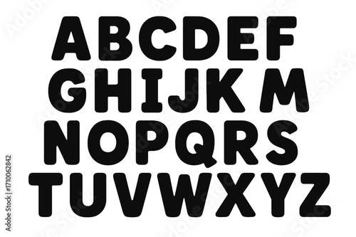 Bold black letters on a white background showcase the complete English alphabet in uppercase and a playful style