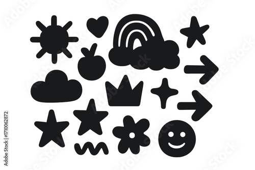 Various simple black icons depicting nature, shapes, and whimsical symbols on a light background
