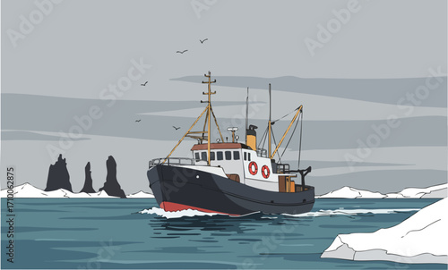 A sturdy fishing trawler, "Sail The Catch", navigates icy waters near dramatic rock formations. A classic maritime scene, perfect for travel, adventure, or coastal themes.
