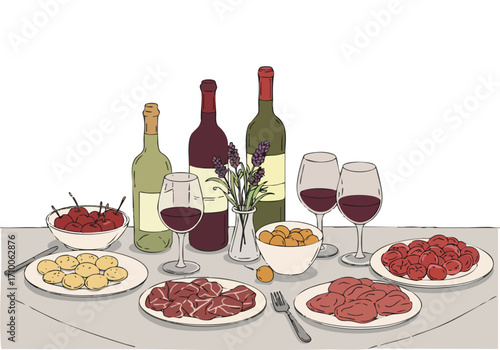stylish table setting for a wine festival featuring wine bottles plates of food and glassware  -Table the Taste- - a vibrant inviting scene perfect for food and beverage marketing
