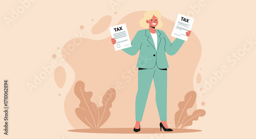 Woman in a suit holding tax forms ready for tax season tax preparation.