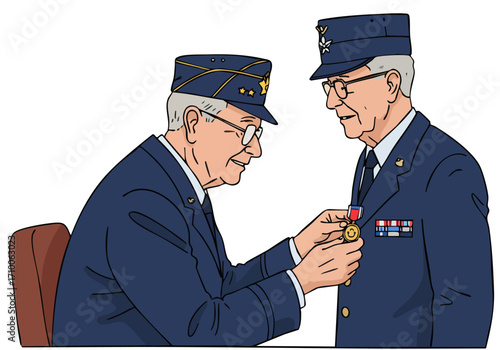 Two elderly veterans receive medals, symbolizing honor and heroism. A formal, respectful scene with detailed uniforms and expressions.  Classic illustration style.