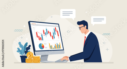 Businessman analyzing financial data charts on a computer for investment and trading.