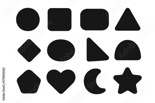 Shapes displayed in a grid layout for educational purposes, focusing on basic geometry forms and their recognition