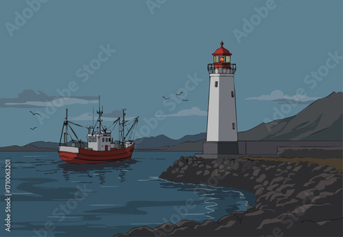 A weathered fishing boat approaches a classic lighthouse against a moody seascape. Dramatic lighting and a coastal setting create a compelling visual.