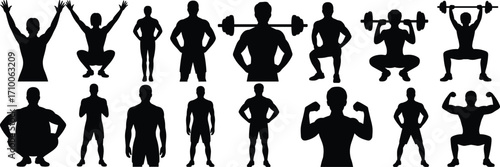 Fitness silhouette illustrations, bodybuilding exercise icons, black and white clipart, strength training poses, gym bundle set, vector pack