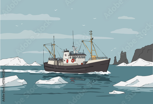 A weathered fishing trawler navigates icy waters near a rugged coastline.  Clean lines, modern illustration style.  Perfect for nautical or adventure themes.