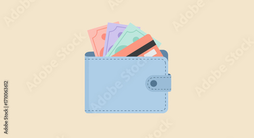 Blue wallet filled with colorful cash banknotes and a credit card.
