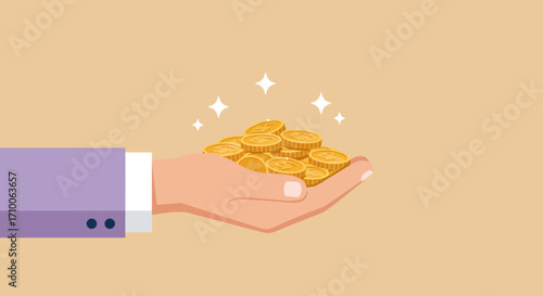 Hand holding gold coins with sparkles representing wealth and financial success.