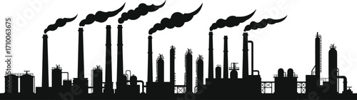 Industrial factory building and power plant silhouette with smokestacks emitting pollution smoke, a vector icon for industry and energy themes.