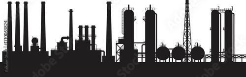 Industrial factory silhouette, pollution, petrochemical plant, manufacturing, environmental impact, energy production, chemical processing, smokestacks, heavy 