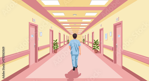 Doctor walking down hospital corridor.