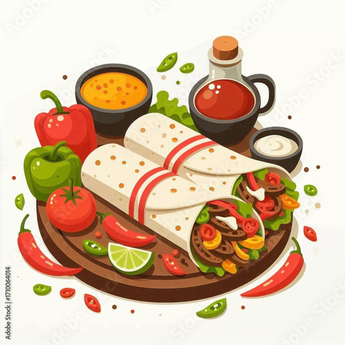Colorful food illustration of two burritos with various condiments  vegetables on a wooden platter