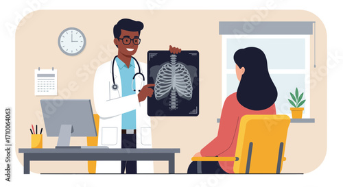 Doctor Explaining X-Ray to Patient in Office.