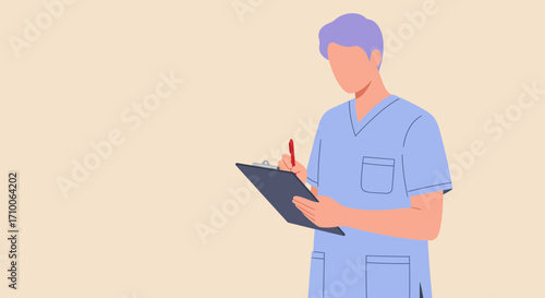 Male nurse in blue scrubs writing on a clipboard illustration.
